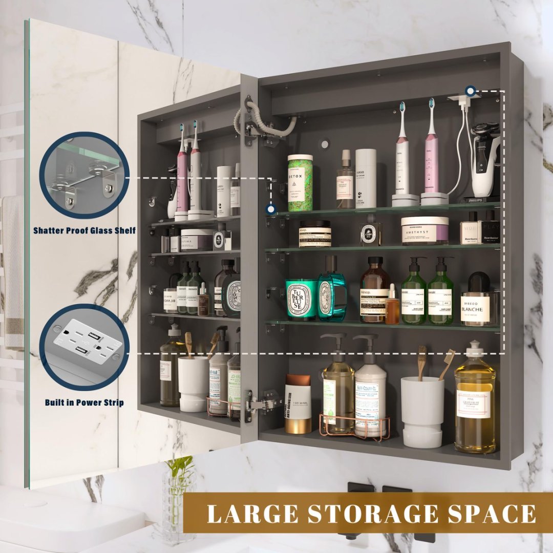 LED Bathroom Wall Medicine Cabinet Mirror Lighted Mirror With Storage Recessed Or Surface Dimmable 3 Colors Temperature Anti-Fog Adjustable Shelf 2 Sockets 2 USB Interfaces