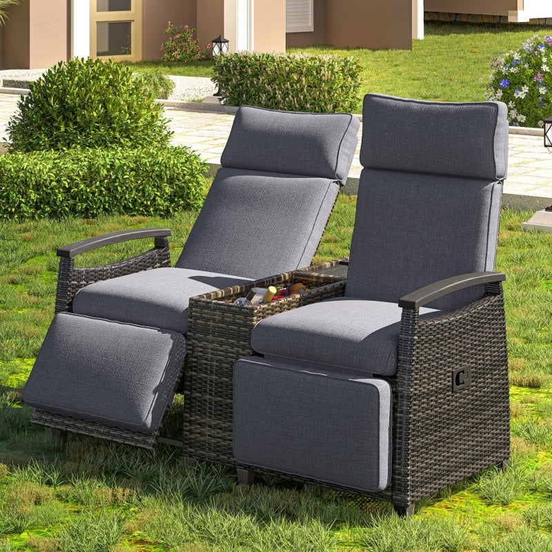 Terrace Lounge Chair Double Sofa, Adjustable Backrest Willow Outdoor Leisure Chair Set, Equipped With Acacia Wood Armrests And Built-in Storage Table, Gray, Prohibited Platform Temu