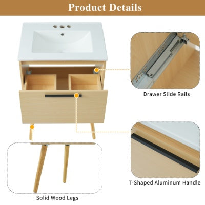 24 Bathroom Vanity With Sink Combo, Multi-functional Bathroom Cabinet With Drawer, MDF Board, Natural