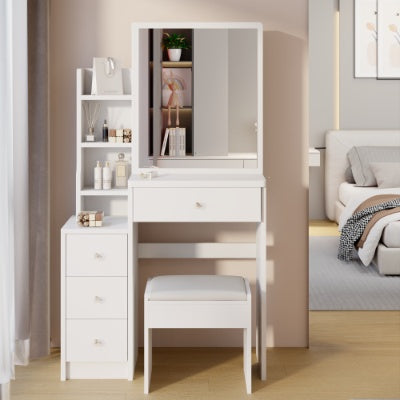 Tocador Left Bedside Cabinet Vanity Table  Cushioned Stool, Extra Large Right Sliding Mirror, Multi Layer High Capacity Storage, Practical Fashionable Dresser, Suitable For Small Space