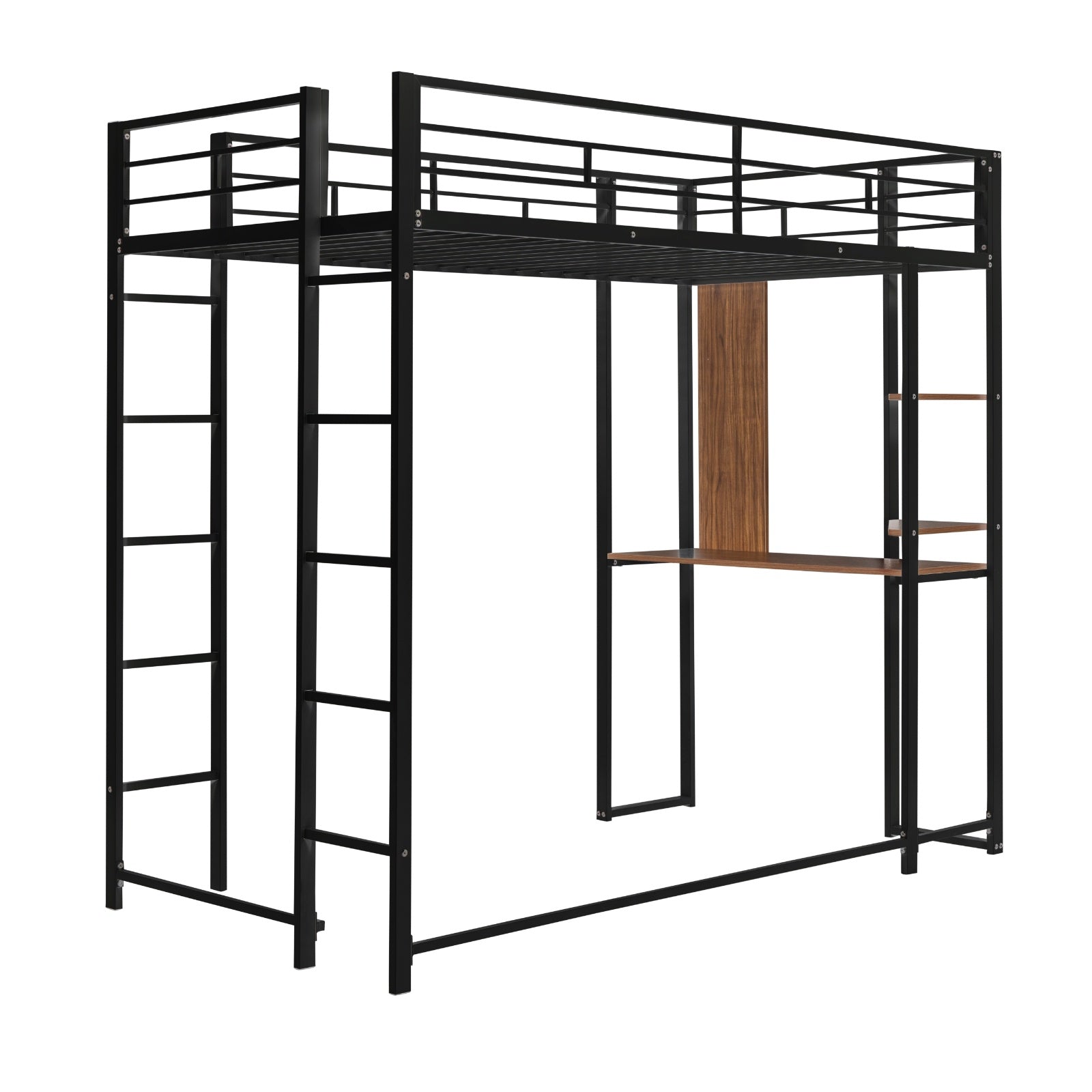 Twin Metal Loft Bed With 2 Shelves And One Desk ,BLACK