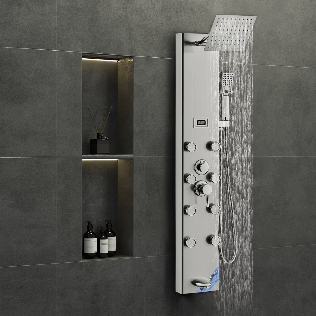 Shower Panel System, 5 Shower Modes, Digital Display Shower Panel Tower, Rainfall, 8 Massage Jets, Tub Spout, 3-Setting Handheld Shower Head 59 Hose, Stainless Steel Wall-Mounted Shower Set