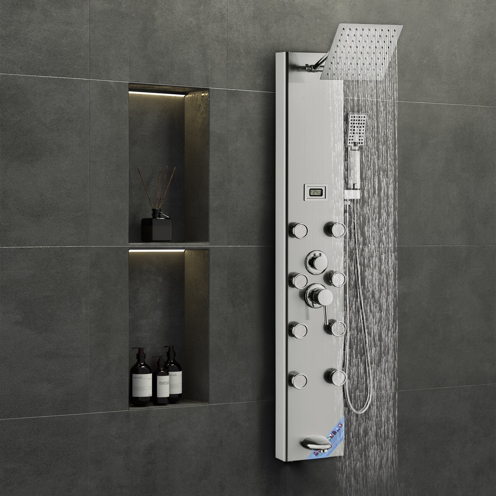 Shower Panel System, 5 Shower Modes, Digital Display Shower Panel Tower, Rainfall, 8 Massage Jets, Tub Spout, 3-Setting Handheld Shower Head 59 Hose, Stainless Steel Wall-Mounted Shower Set