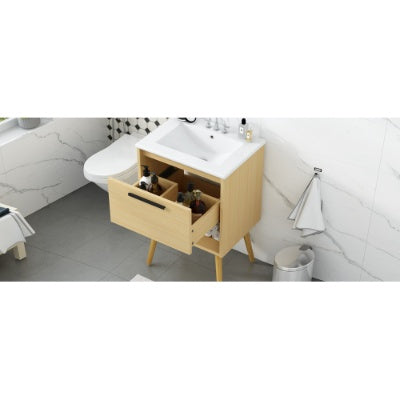 24 Bathroom Vanity With Sink Combo, Multi-functional Bathroom Cabinet With Drawer, MDF Board, Natural