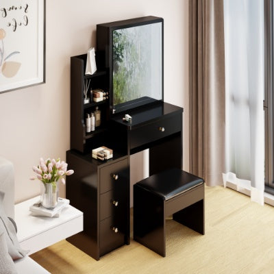 Tocador Left Bedside Cabinet Vanity Table  Cushioned Stool, Extra Large Right Sliding Mirror, Multi Layer High Capacity Storage, Practical Fashionable Dresser, Suitable For Small Space