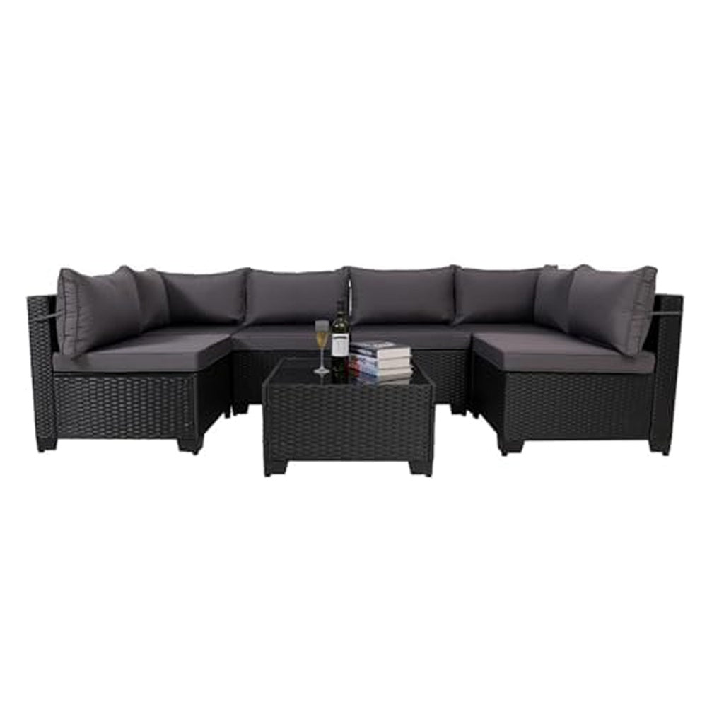Juego de muebles exterior 7 Pieces Outdoor Rattan Patio Sectional Set, Black Wicker Furniture Conversation Sets With Washable Cushions & Glass Coffee Table For Garden, Poolside, Backyard