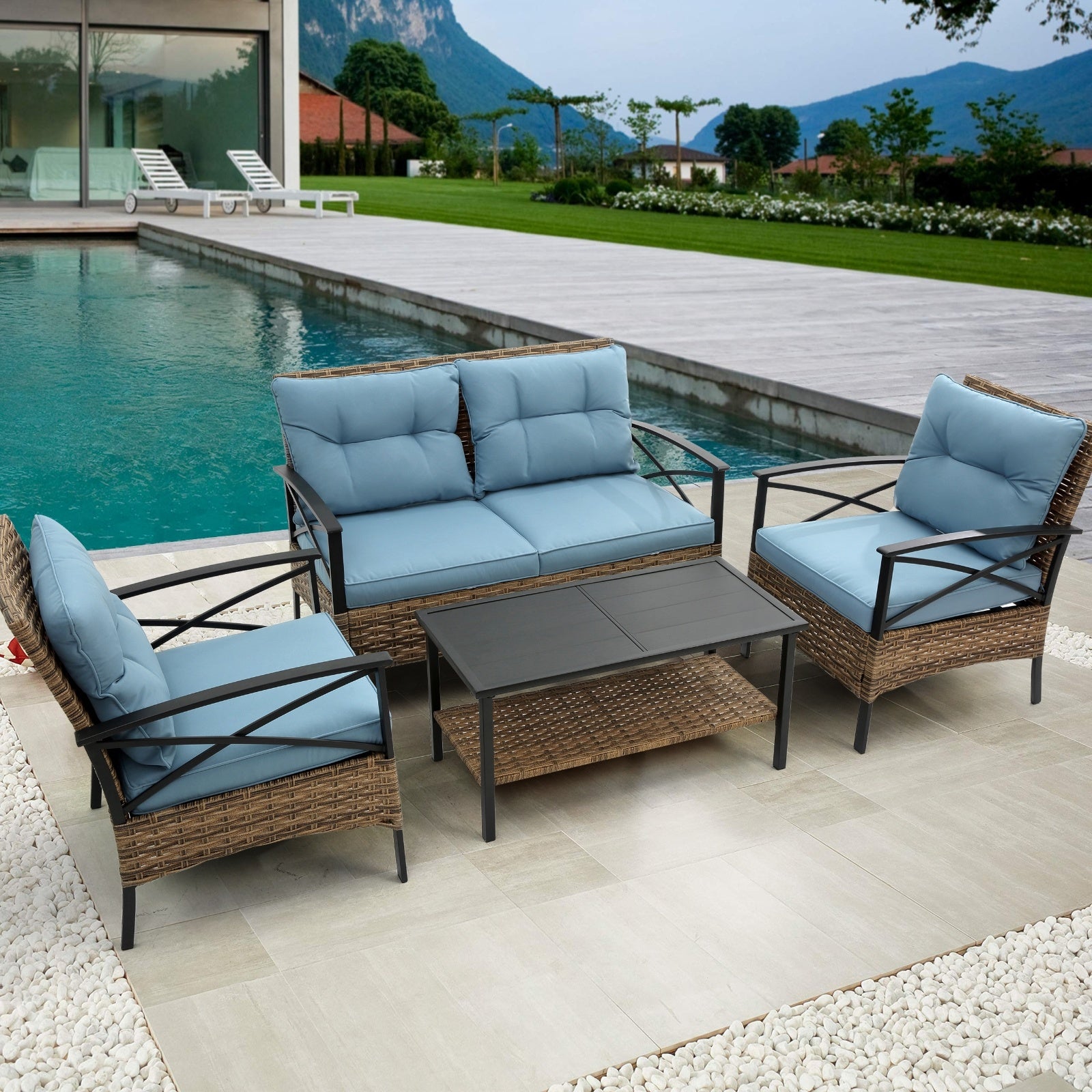 Juego de muebles exterior 4-Piece Patio Sectional Low Dining Sofa Set - KD Rattan Wicker Outdoor Furniture