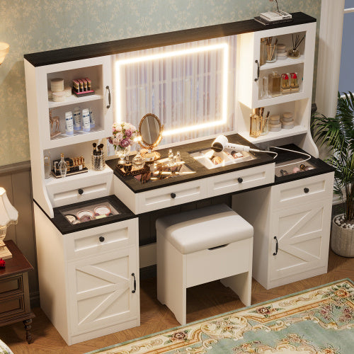 Tocador Vanity Desk With Mirror And LED Lights, Dressing Table With 5 Drawers And 4 Cabinets, Makeup Vanity Table Set With Glass Visual Desktop And Cushion Stool, For Bedroom