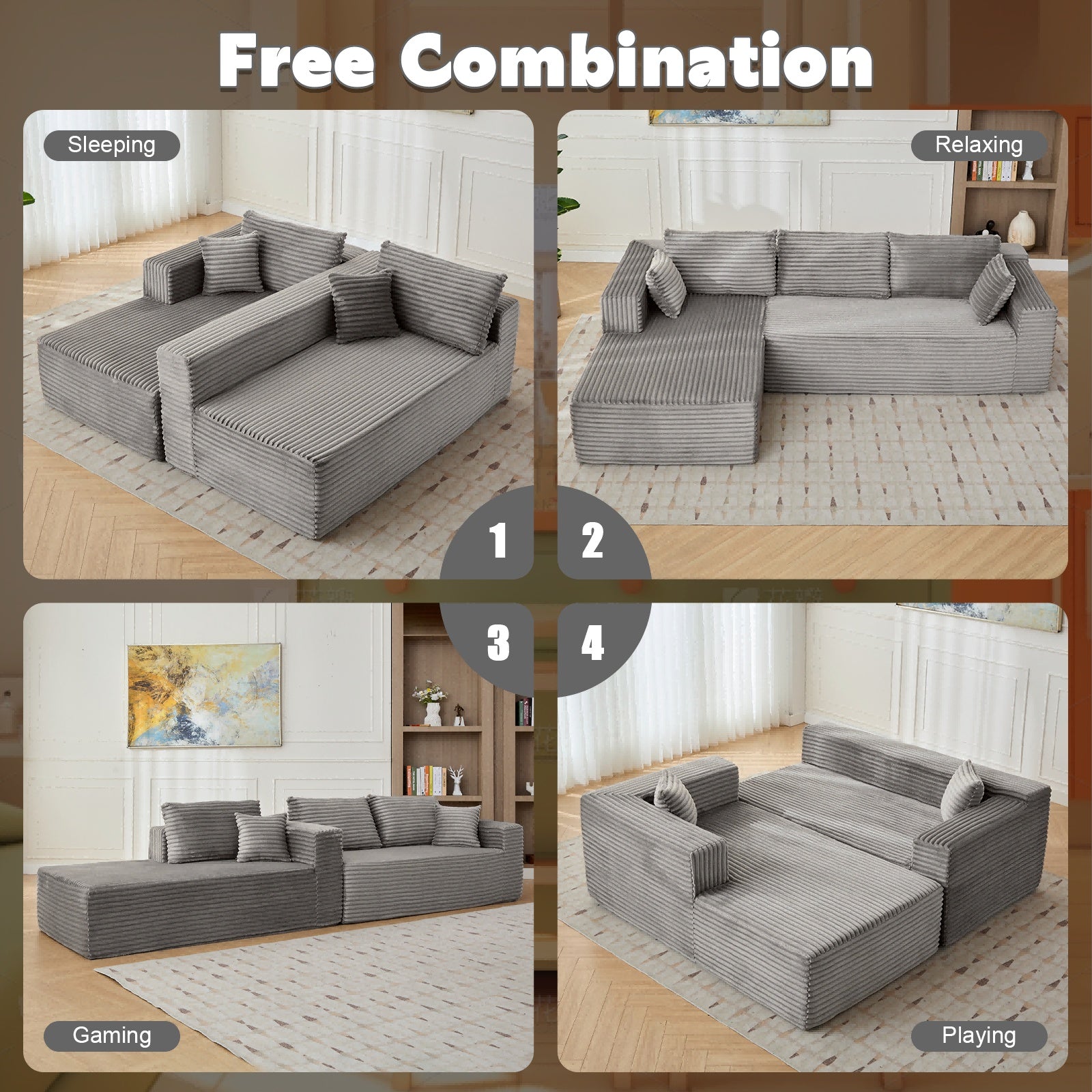Modular L-Shaped Compression Sofa Bed With Corduroy Fabric - Convertible Sectional Sofa, Foldable Floor Couch Sleeper, Space-Saving Flannel-Like Lounge For Small Apartments, Living Room & Game Room NO TUME