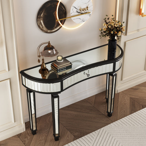 Half  Moon Mirrored Console Table With Fluted Glass  Crystal Knob Drawer  Silver Entryway Vanity Desk For BedroomDressing RoomGold Sliver