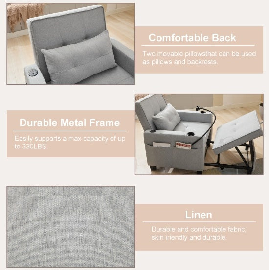 3-in-1 Futon Chair Bed Convertible Chair 3-in-1 Pull Out Sleeper Chair Beds With USB Ports,Wear-resistant And Anti-scratch, Armchair Bed Sleeper For Living Room,Grey.