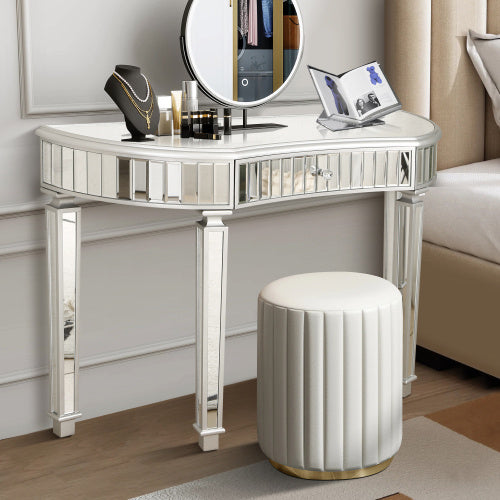 Half  Moon Mirrored Console Table With Fluted Glass  Crystal Knob Drawer  Silver Entryway Vanity Desk For BedroomDressing RoomGold Sliver