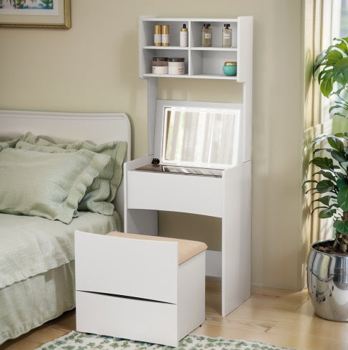 Tocador Dressing Table With Flip Top LED Illuminated Mirror, Vanity Table With Internal Storage Area, Makeup Vanity Dressing Table With Removable Upholstered Stool, Practical And Space-saving, Bedroom, White