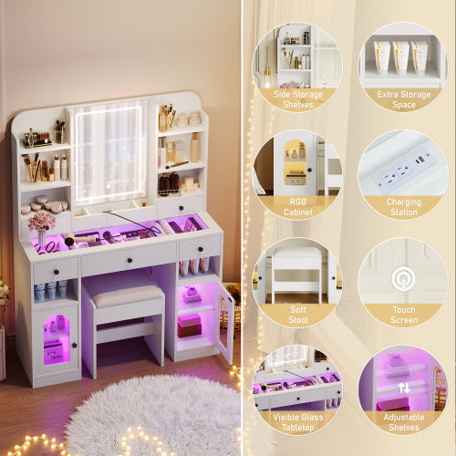 Tocador Vanity Desk With LED Mirror And Lights, Glass Top Vanity With RGB Glass Light Cabinets, Dressing Table With 5 Drawers ,Storage Shelves And Stool For Bedroom, White