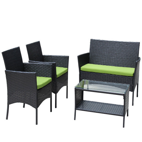 Juego de muebles exterior 4 PC Rattan Patio Furniture Set Outdoor Patio Cushioned Seat Wicker Sofa Green Cushion