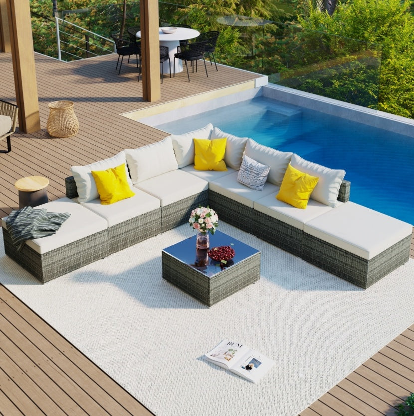 Juego de muebles exterior 8-Pc Outdoor Patio Furniture Set, Garden Wicker Sofa, Single Sofa Combinable