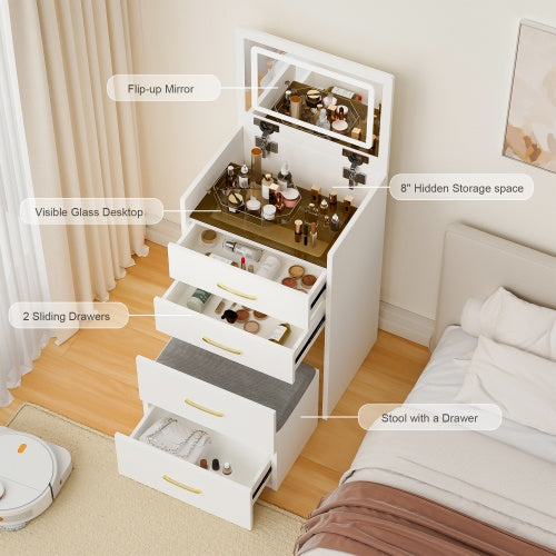 Tocador Dressing Table 3 In 1 Vanity Desk With Open Top Mirror,Small Make Up Vanity Set With Visible Glass Desktop,Compact Makeup Vanity With 3 Drawers,Dressing Table For Bedroom