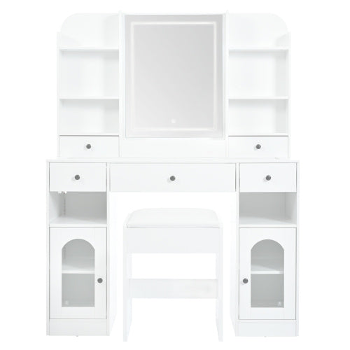 Tocador Vanity Desk With LED Mirror And Lights, Glass Top Vanity With RGB Glass Light Cabinets, Dressing Table With 5 Drawers ,Storage Shelves And Stool For Bedroom, White