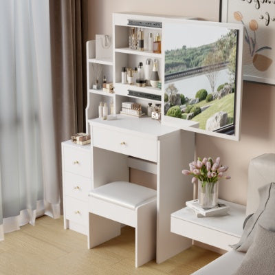 Tocador Left Bedside Cabinet Vanity Table  Cushioned Stool, Extra Large Right Sliding Mirror, Multi Layer High Capacity Storage, Practical Fashionable Dresser, Suitable For Small Space