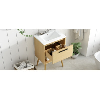24 Bathroom Vanity With Sink Combo, Multi-functional Bathroom Cabinet With Drawer, MDF Board, Natural