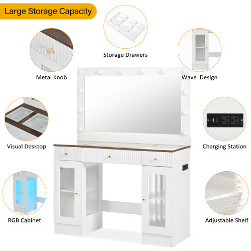 Tocador Vanity Desk With Large Mirror And Hollywood Bulbs, Modern Glass Top Makeup Vanity With Drawers And Power Outlet, Large Dressing Table With 3 Color Lighting Modes & RGB Cabinets For Bedroom