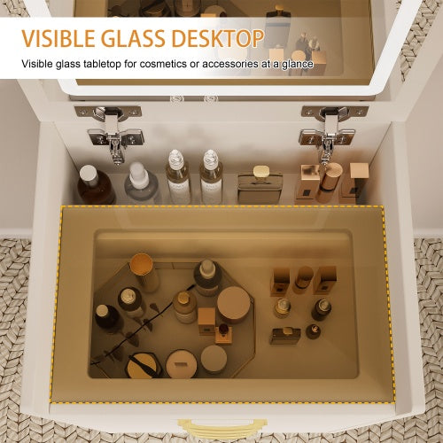 Tocador Dressing Table 3 In 1 Vanity Desk With Open Top Mirror,Small Make Up Vanity Set With Visible Glass Desktop,Compact Makeup Vanity With 3 Drawers,Dressing Table For Bedroom