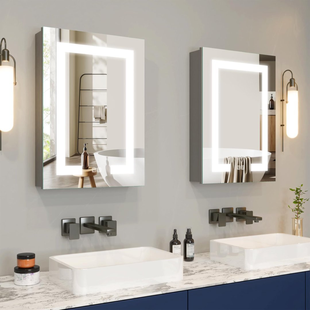 LED Bathroom Wall Medicine Cabinet Mirror Lighted Mirror With Storage Recessed Or Surface Dimmable 3 Colors Temperature Anti-Fog Adjustable Shelf 2 Sockets 2 USB Interfaces