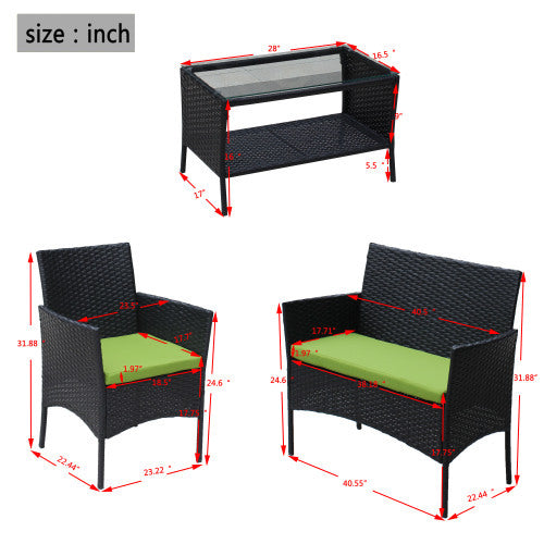 Juego de muebles exterior 4 PC Rattan Patio Furniture Set Outdoor Patio Cushioned Seat Wicker Sofa Green Cushion