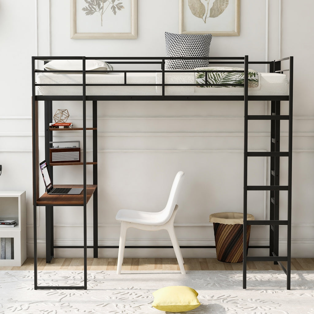 Twin Metal Loft Bed With 2 Shelves And One Desk ,BLACK