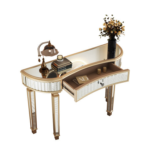 Half  Moon Mirrored Console Table With Fluted Glass  Crystal Knob Drawer  Silver Entryway Vanity Desk For BedroomDressing RoomGold Sliver