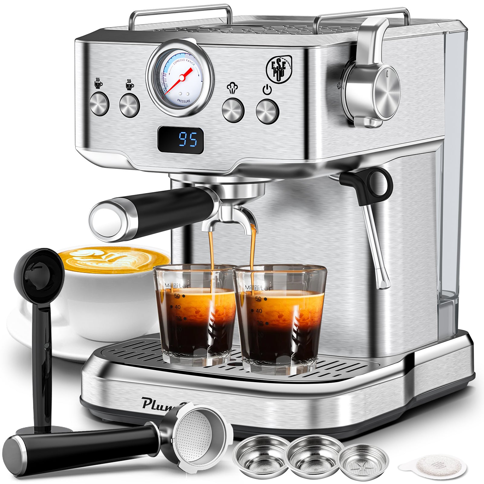 20 Bar Professional Espresso Machine With Milk Frother, Single & Double Shot, ESE Pod Compatible, Visual Display Of Pressure, Removable Water Tank For Cappuccino, Latte,  Machiato For Home Barista