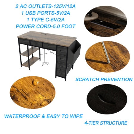 47 Computer Desk With Power Outlet,Writing Desk With 7 Fabric Drawers,Vanity Table Drawers And Large Side Pocket,Rustic Brown