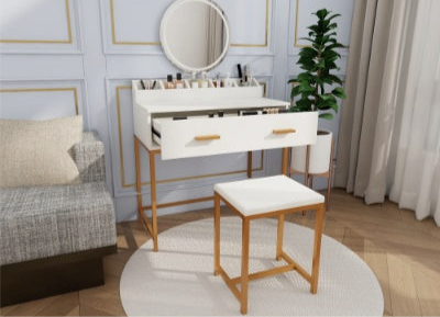 Tocador Vanity Set With Mirror And Stool - Makeup Vanity Table With Storage Drawers And Organizer, White And Gold, Space-Saving Design For Small Bedrooms