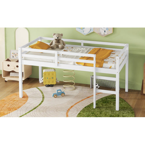 Solid Wooden, Rubber Wooden Twin Loft Bed With Ladder, Bed Platform Of Strengthened Slats , White