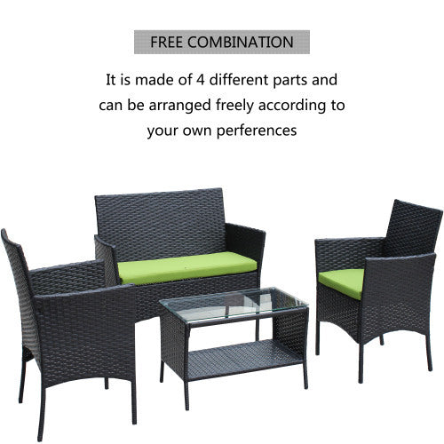 Juego de muebles exterior 4 PC Rattan Patio Furniture Set Outdoor Patio Cushioned Seat Wicker Sofa Green Cushion