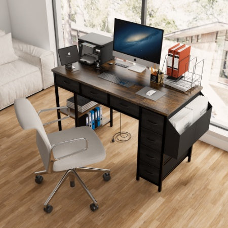 47 Computer Desk With Power Outlet,Writing Desk With 7 Fabric Drawers,Vanity Table Drawers And Large Side Pocket,Rustic Brown