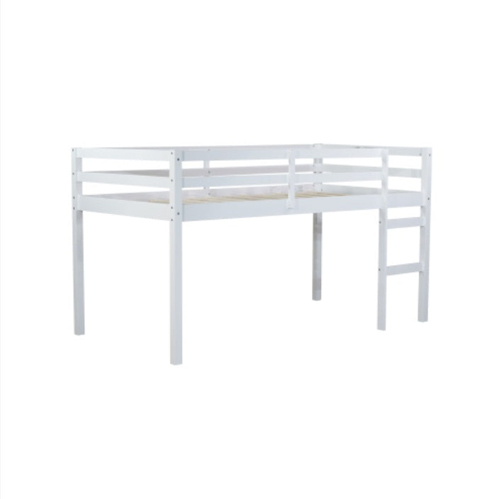 Solid Wooden, Rubber Wooden Twin Loft Bed With Ladder, Bed Platform Of Strengthened Slats , White