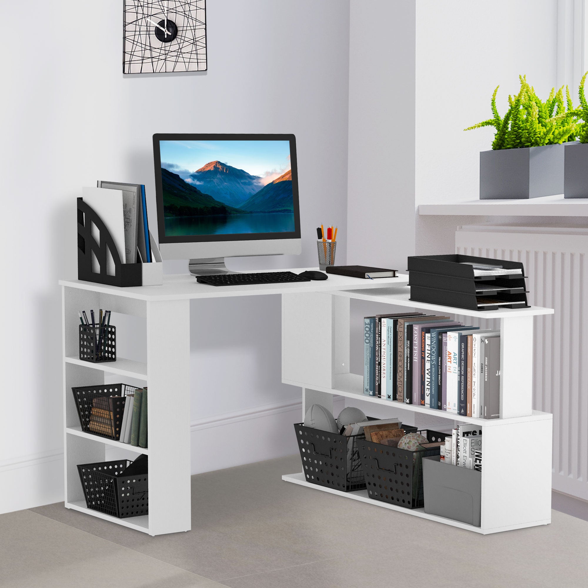 L Shaped Computer Desk With Storage Shelves, Writing Table Workstation, White