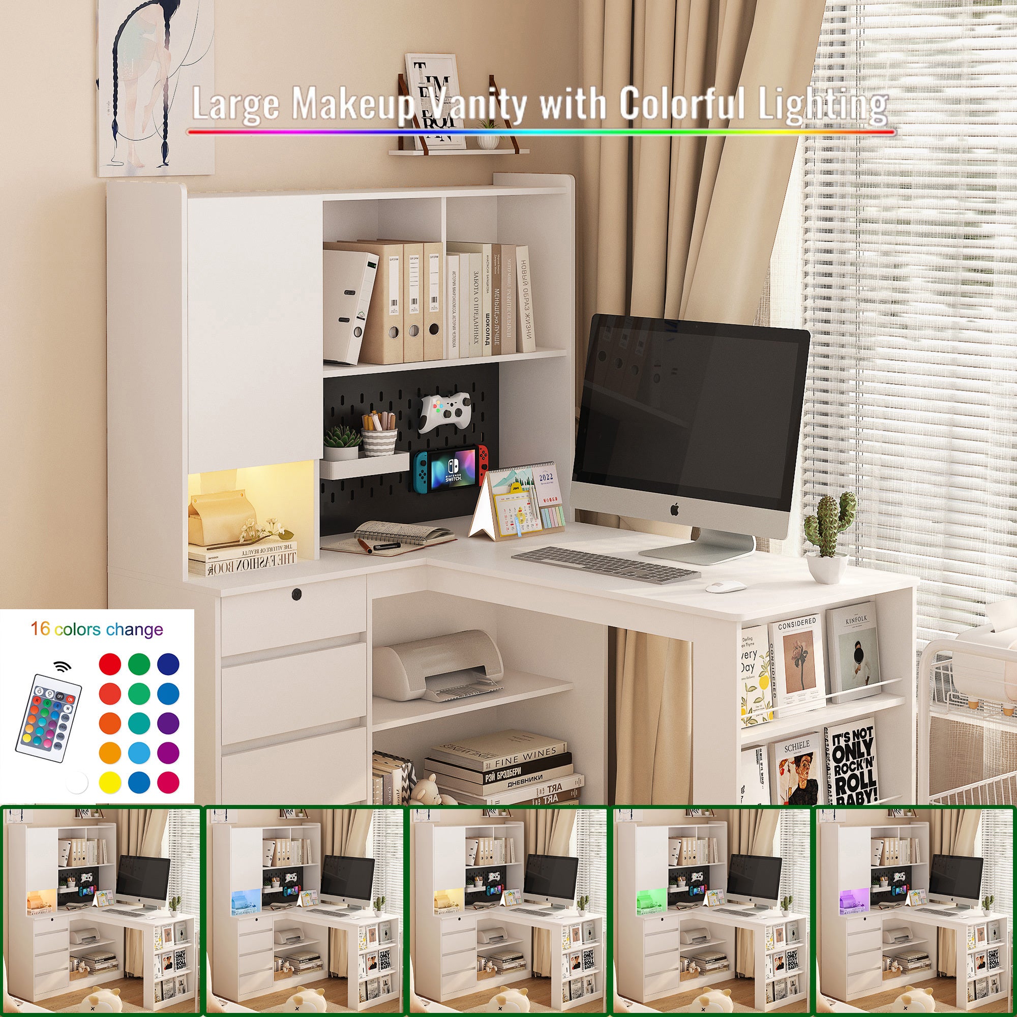 L Shaped Desk With Charger,Computer Desk With Drawers,Bookshelf,with LED Light,Modern Corner Desk,Home Office Desk,L-Shaped Study Table Writing Desk,Corner Gaming Computer Desk With Storage