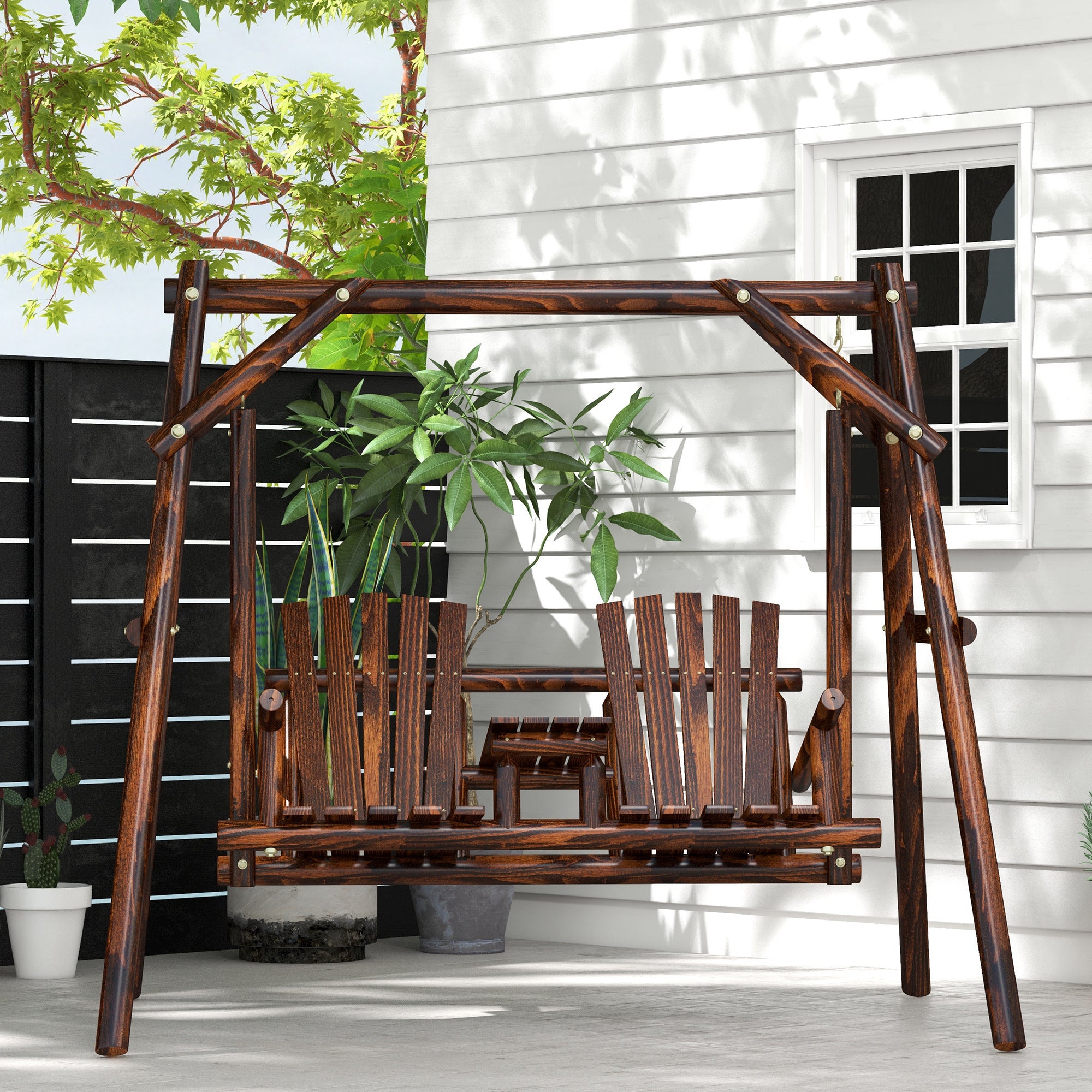 Adirondack Swing Chair Outdoor 2-Seat Freestanding Solid Wood With Center Table Carbonized