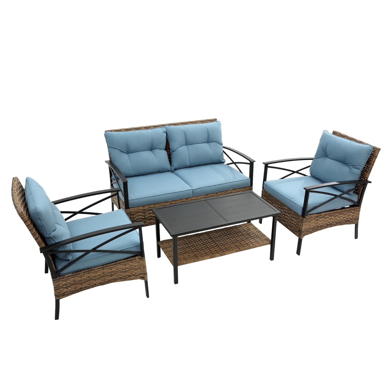 Juego de muebles exterior 4-Piece Patio Sectional Low Dining Sofa Set - KD Rattan Wicker Outdoor Furniture