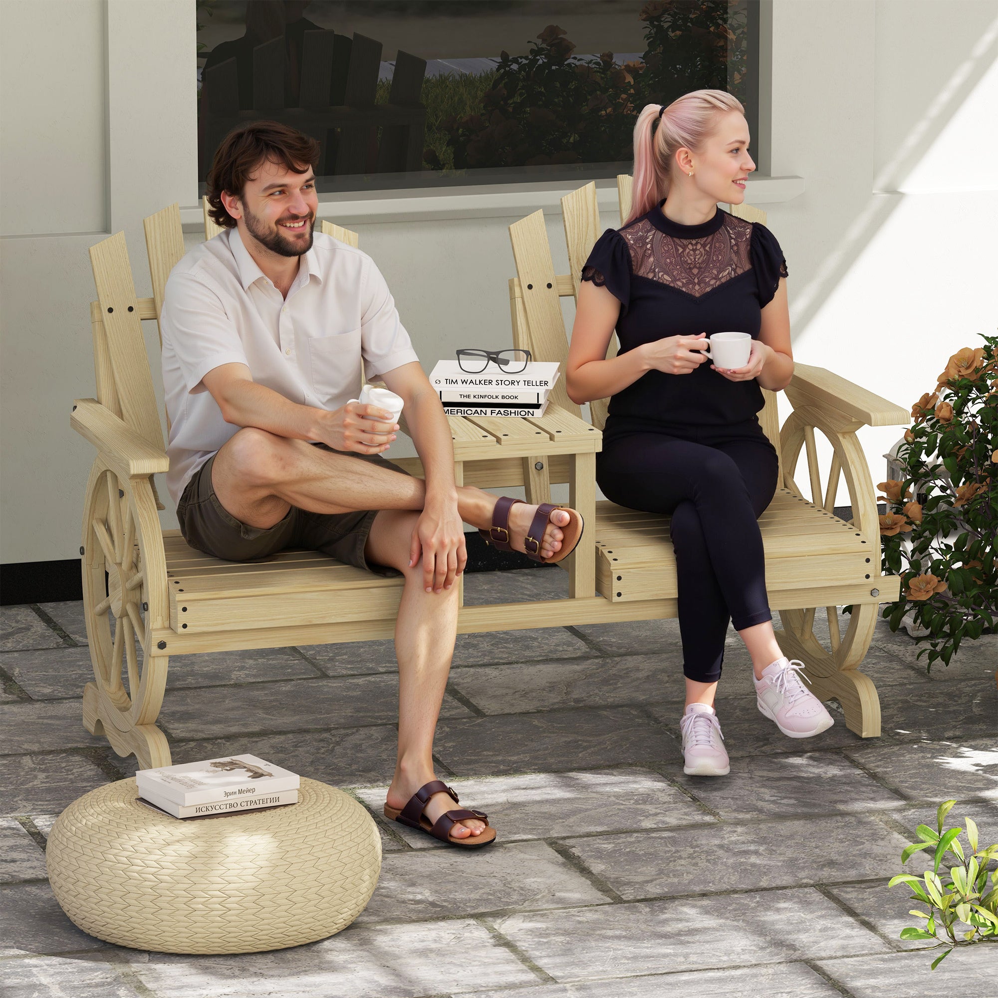 2-Seat Wooden Garden Bench With Table, Umbrella Hole, High Backrest, Armrests For Backyard, Patio, Garden, Natural Wood