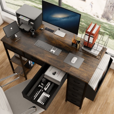 47 Computer Desk With Power Outlet,Writing Desk With 7 Fabric Drawers,Vanity Table Drawers And Large Side Pocket,Rustic Brown
