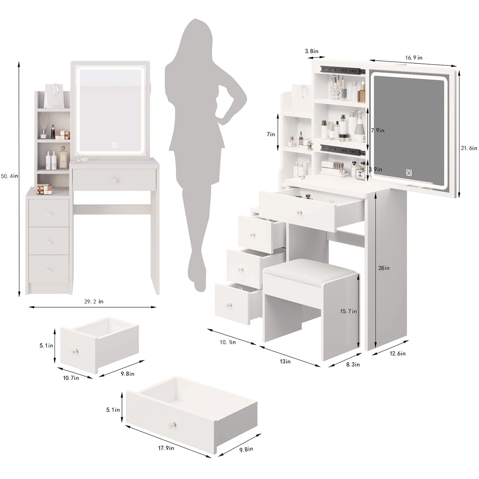 Tocador Left Bedside Cabinet Vanity Table   Cushioned Stool, Extra Large Touch Control Sliding LE
