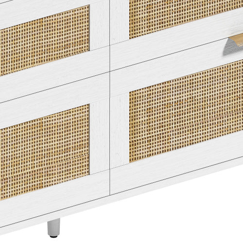 Rattan Dresser With Drawers, 6 Drawer Dresser For Bedroom, Clothes Storage Cabinet For Bedroom, Metal Handle&Wood Legs For Hallway, Living Room, Bedroom,White
