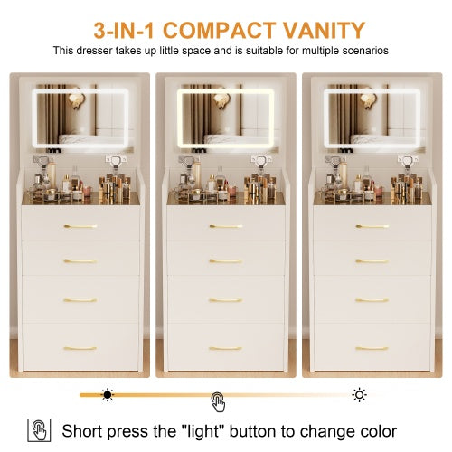 Tocador Dressing Table 3 In 1 Vanity Desk With Open Top Mirror,Small Make Up Vanity Set With Visible Glass Desktop,Compact Makeup Vanity With 3 Drawers,Dressing Table For Bedroom