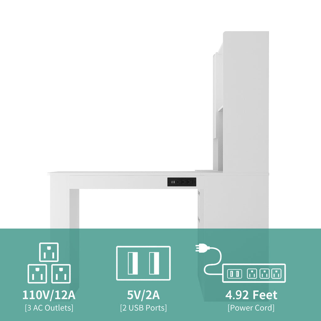 L Shaped Desk With Charger,Computer Desk With Drawers,Bookshelf,with LED Light,Modern Corner Desk,Home Office Desk,L-Shaped Study Table Writing Desk,Corner Gaming Computer Desk With Storage