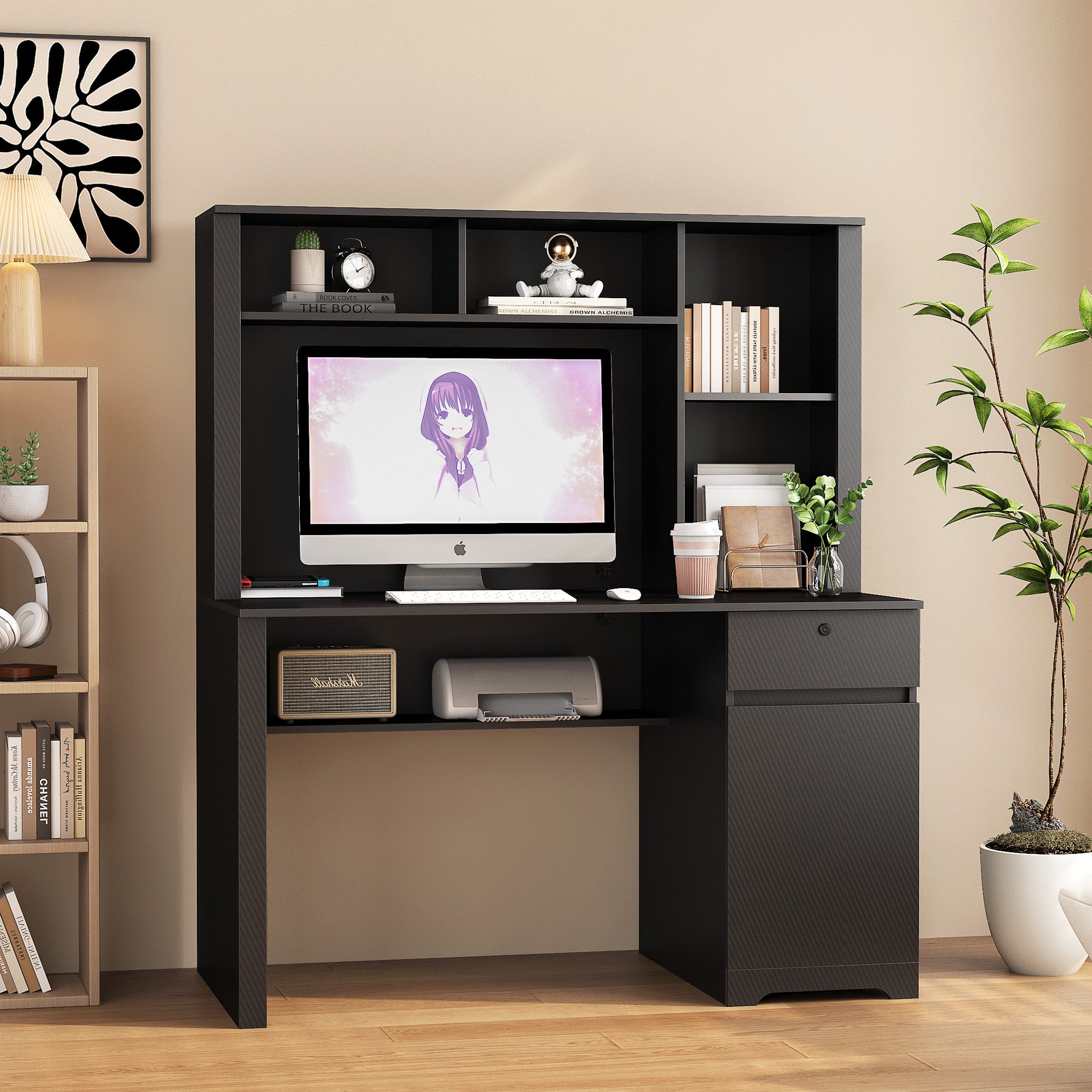 Computer Desk With Hutch & Bookshelf,Wood Executive Desk Teens Student Desk Writing Laptop Home Office Desk With Drawers,3 AC Outlets And 2 USB Charging Ports,Study Laptop Table For Home