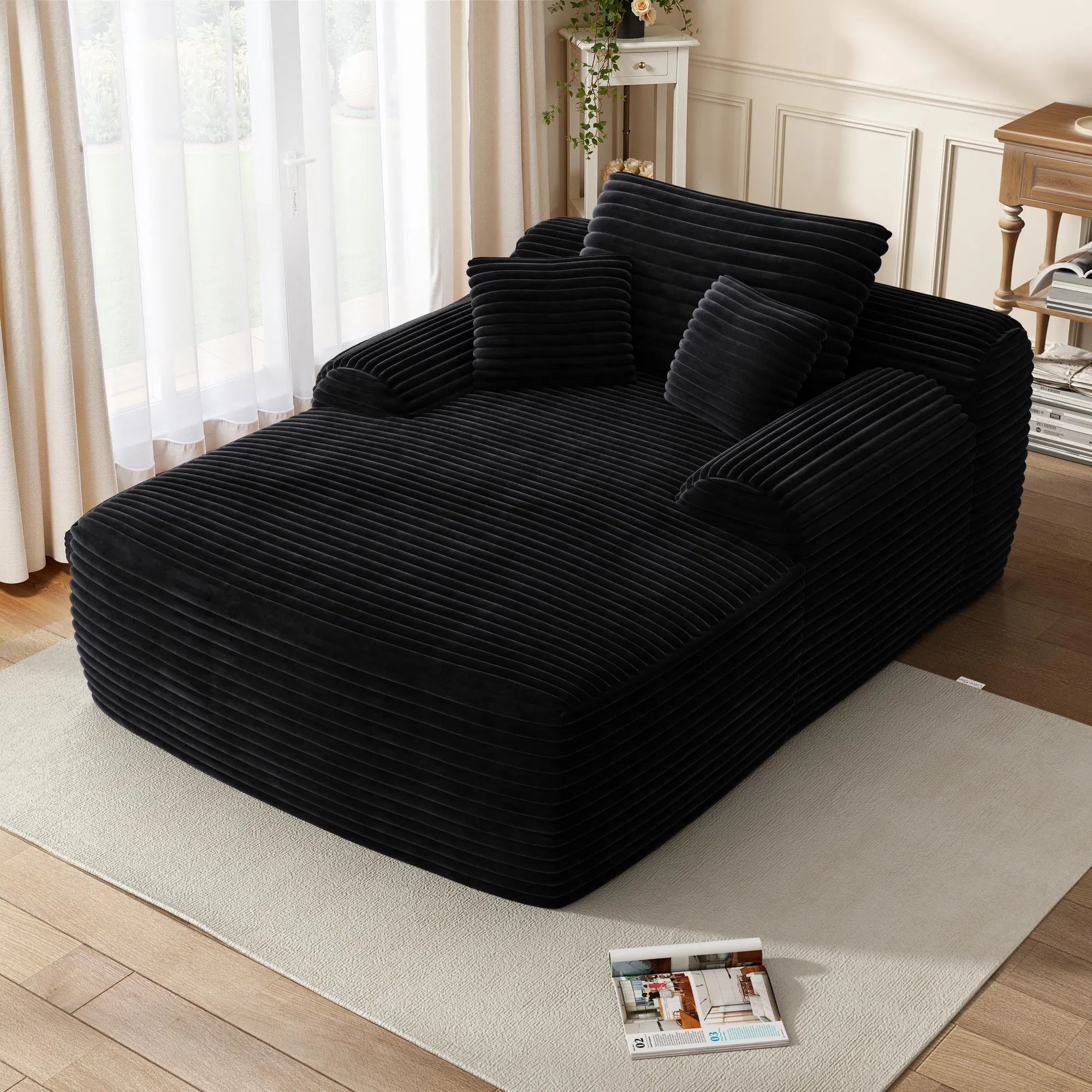 Loveseat Chaise Lounge Chair, Couches For Living Room, Oversized Upholstered Sleeper Indoor, Cloud Sofa Bed Indoor Deep Seat, No Assembly Required Corduroy Black