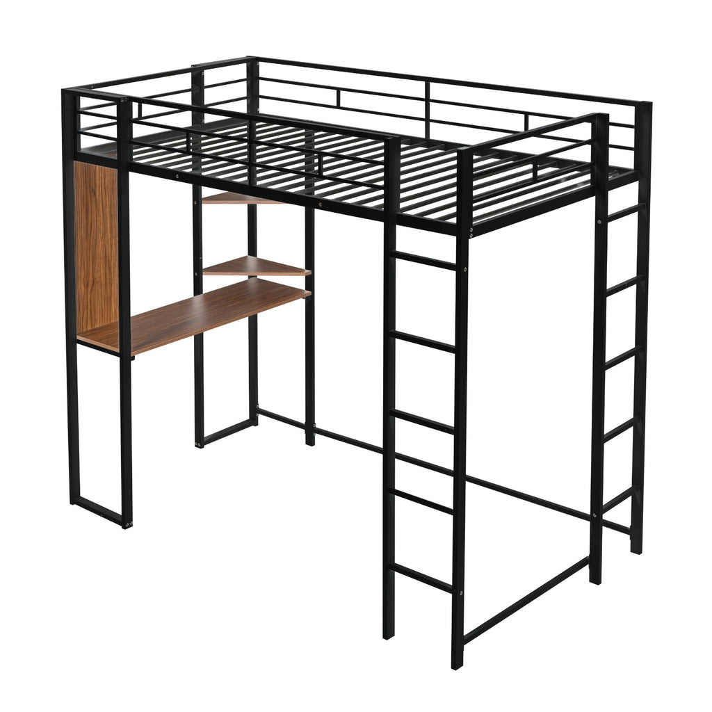 Twin Metal Loft Bed With 2 Shelves And One Desk ,BLACK
